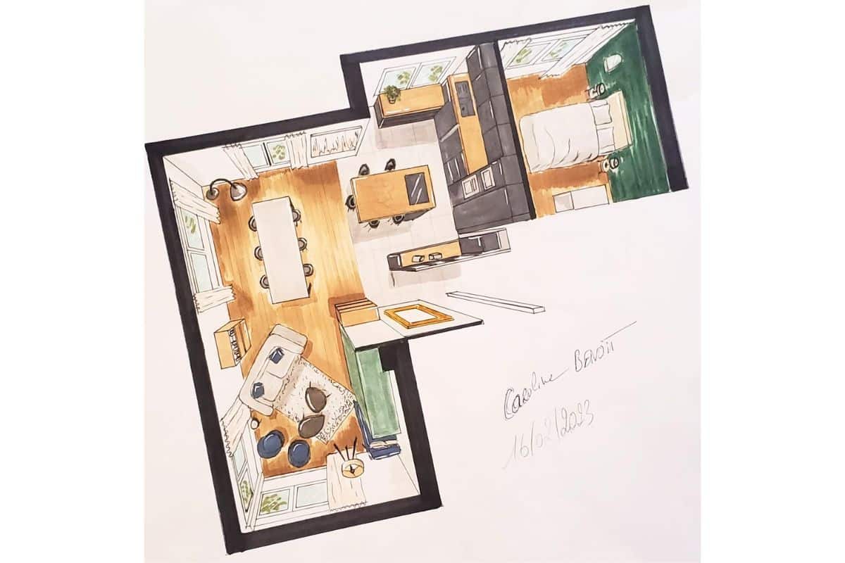 aménagement d'une cuisine ouverte sur le salon plan projeté